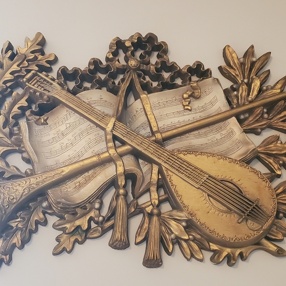 Vtg BURWOOD Wall Hanging Instrument Music Book Mandolin Horn Gold 9075 MCM Decor - Picture 2 of 12